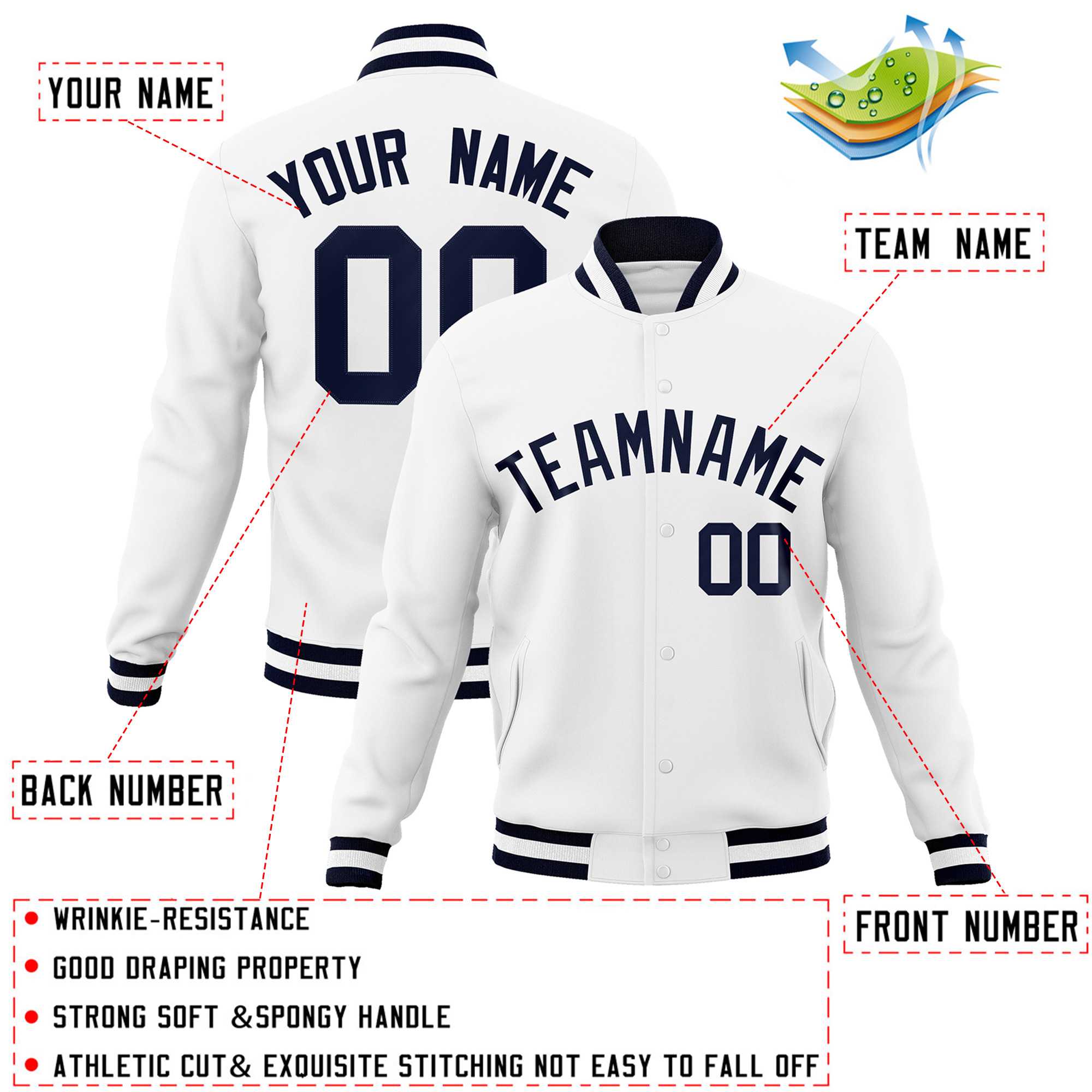 Custom White Navy Classic Style Varsity Full-Snap Letterman Jacket