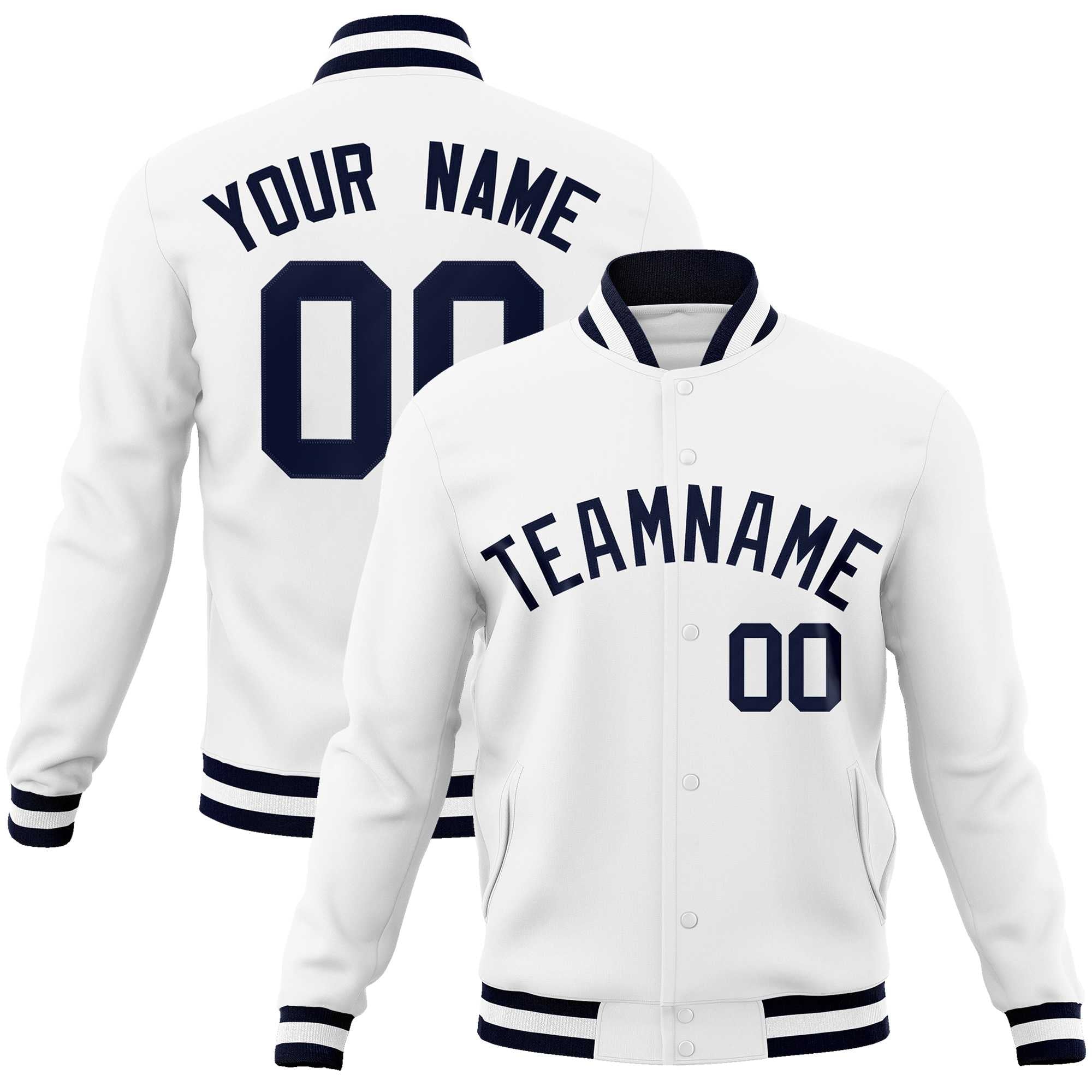 Custom White Navy Classic Style Varsity Full-Snap Letterman Jacket