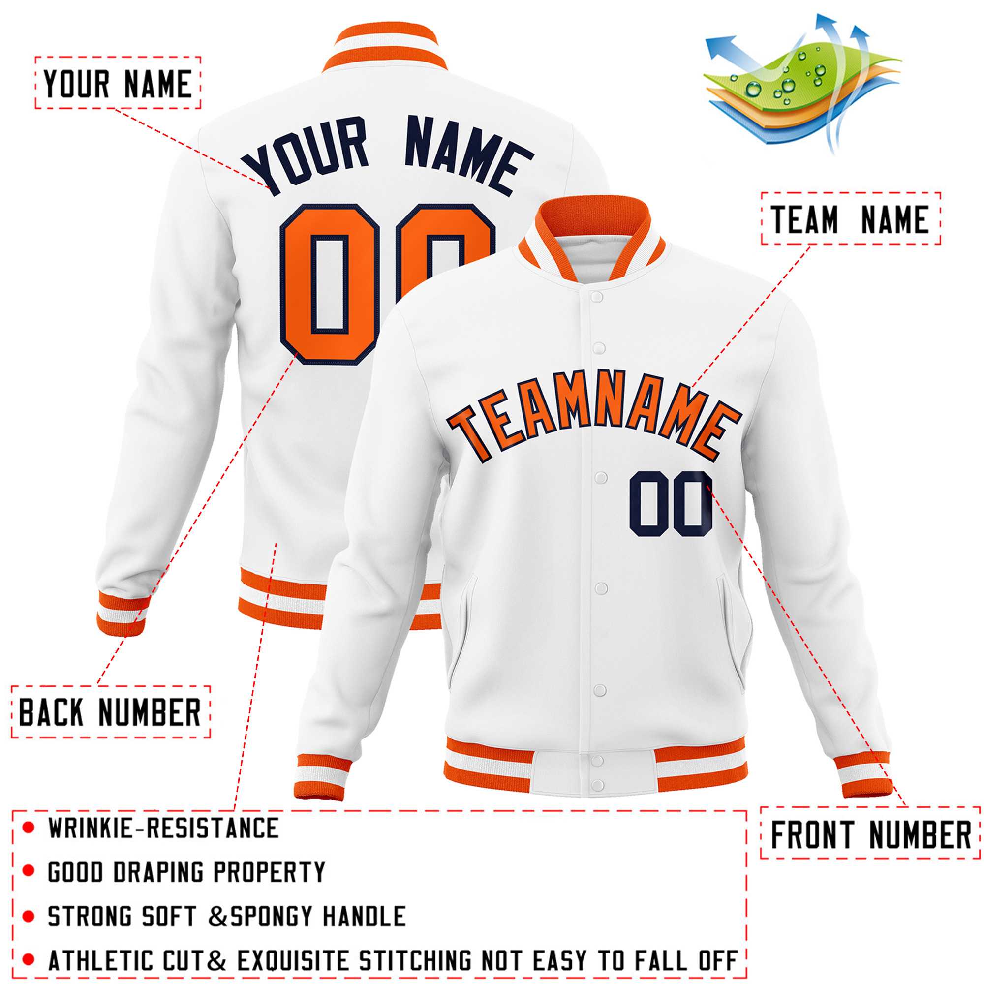 Custom White Orange-Navy Classic Style Varsity Full-Snap Letterman Jacket