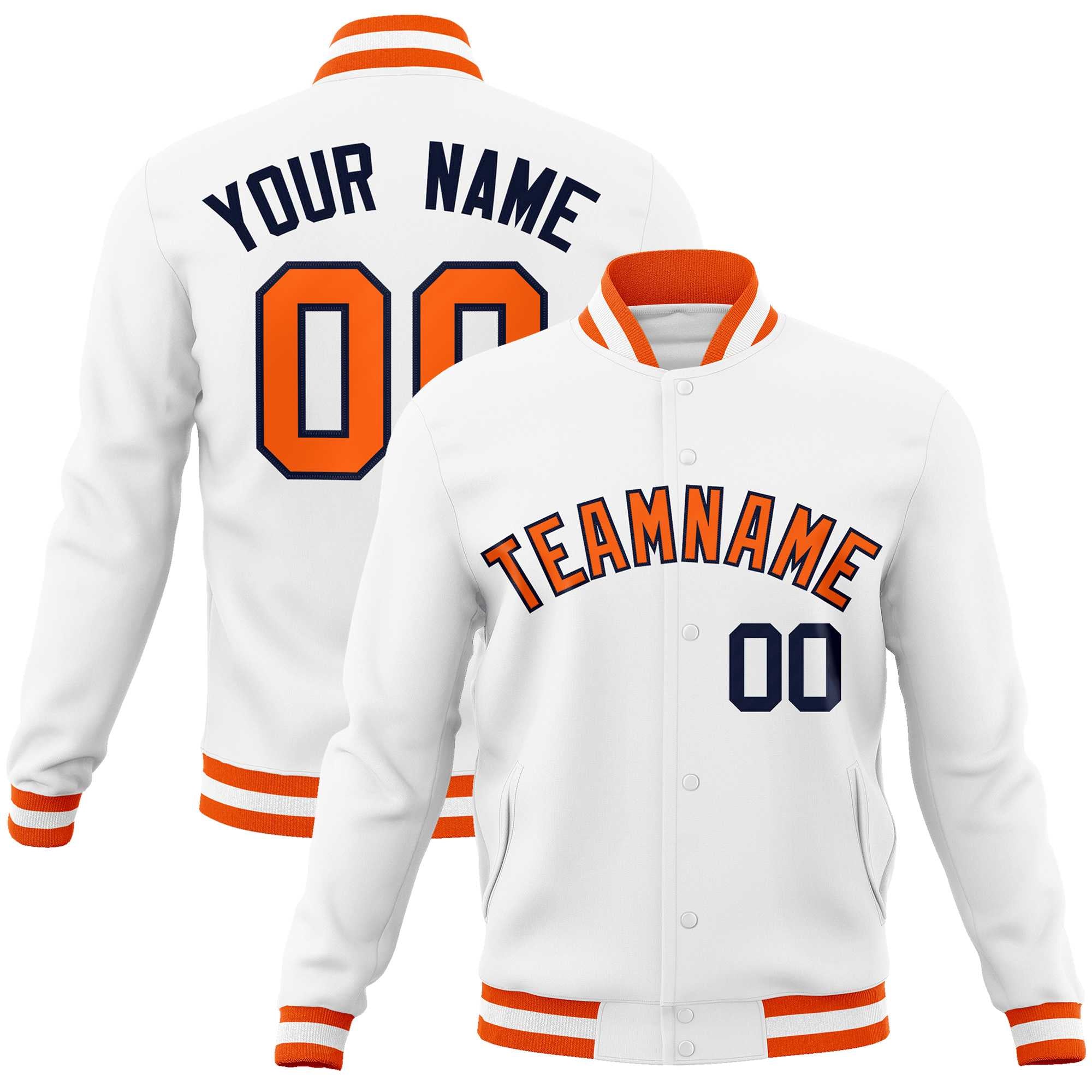 Custom White Orange-Navy Classic Style Varsity Full-Snap Letterman Jacket