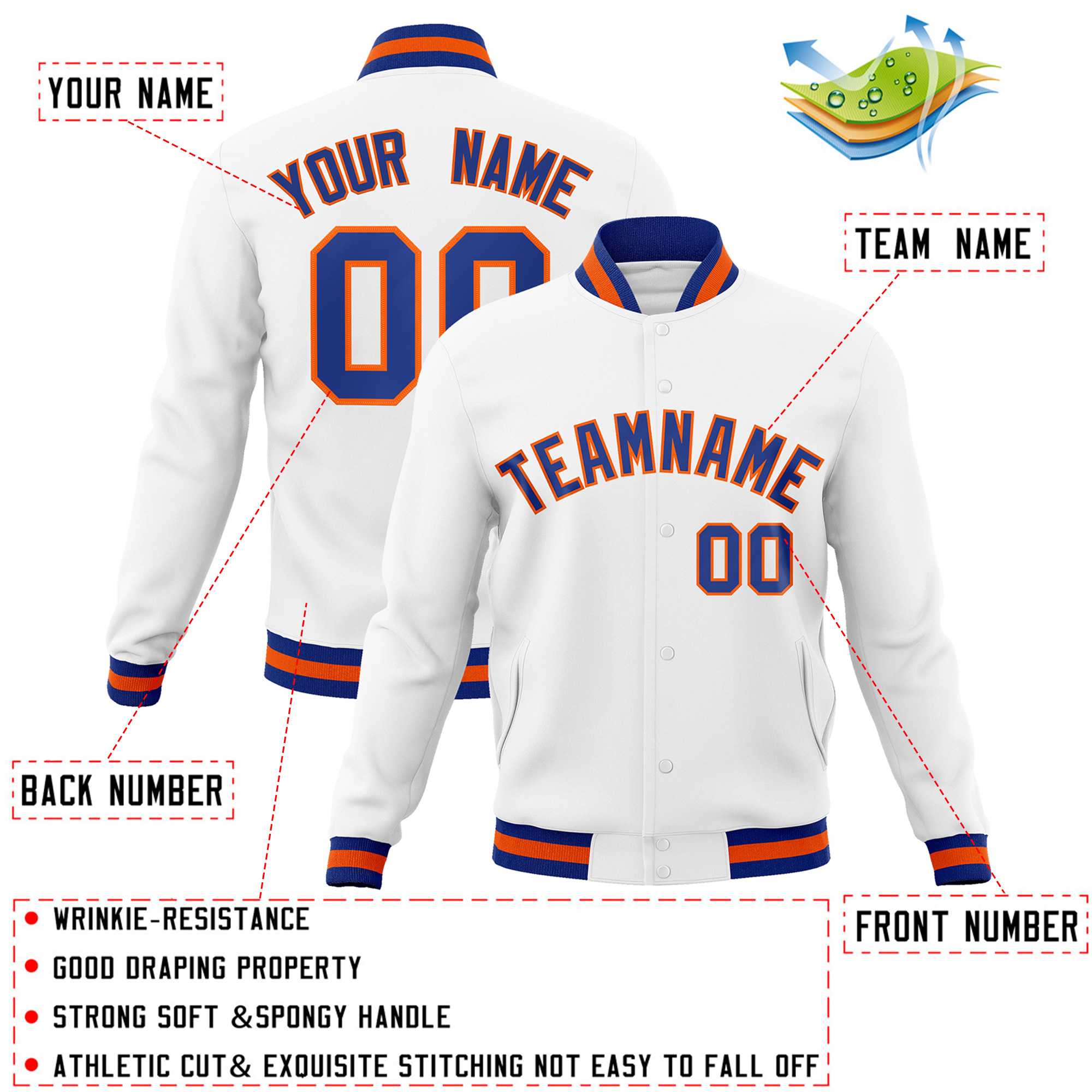 Custom White Royal-Orange Classic Style Varsity Full-Snap Letterman Jacket