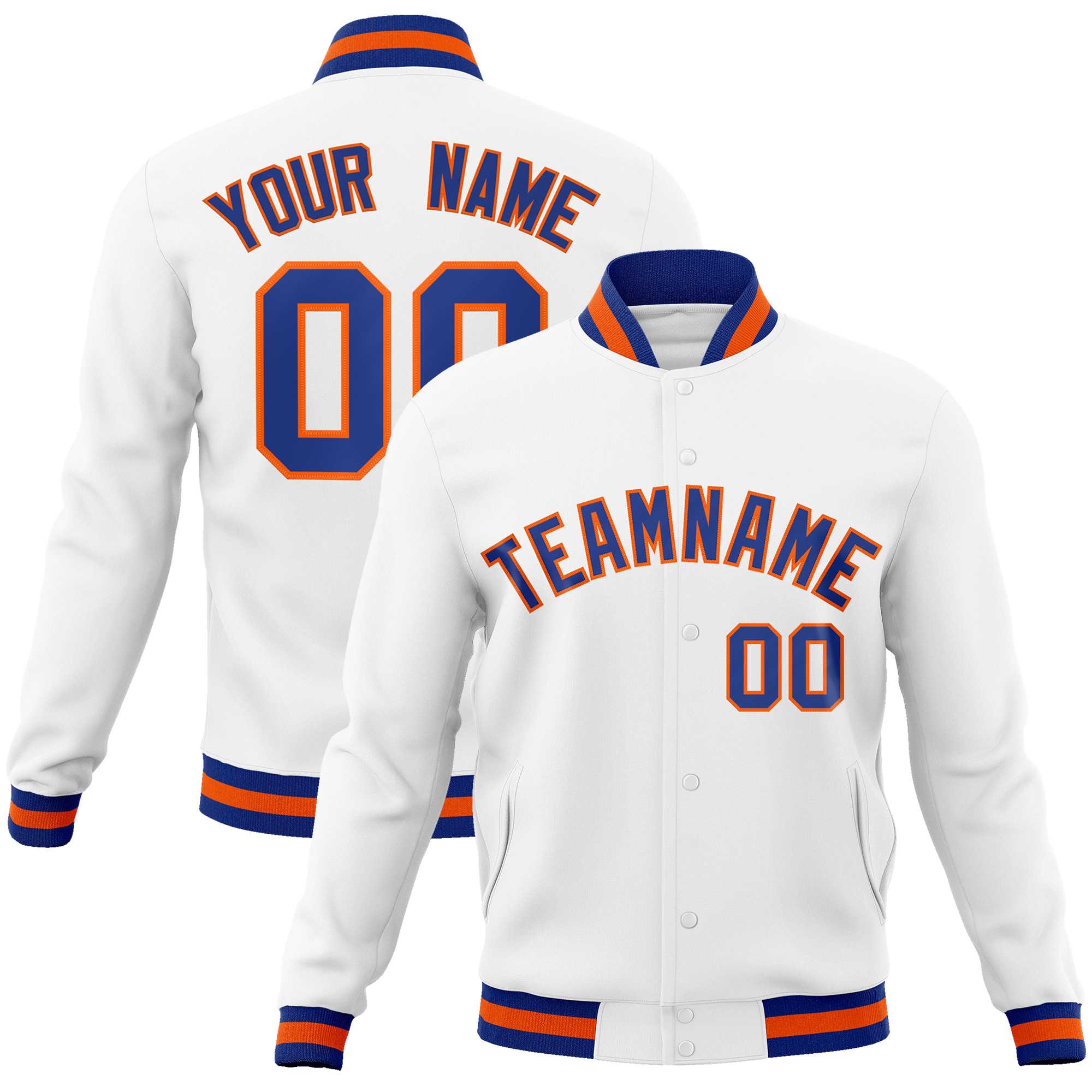 Custom White Royal-Orange Classic Style Varsity Full-Snap Letterman Jacket