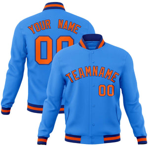 Custom Powder Blue Orange-Royal Classic Style Varsity Full-Snap Letterman Jacket