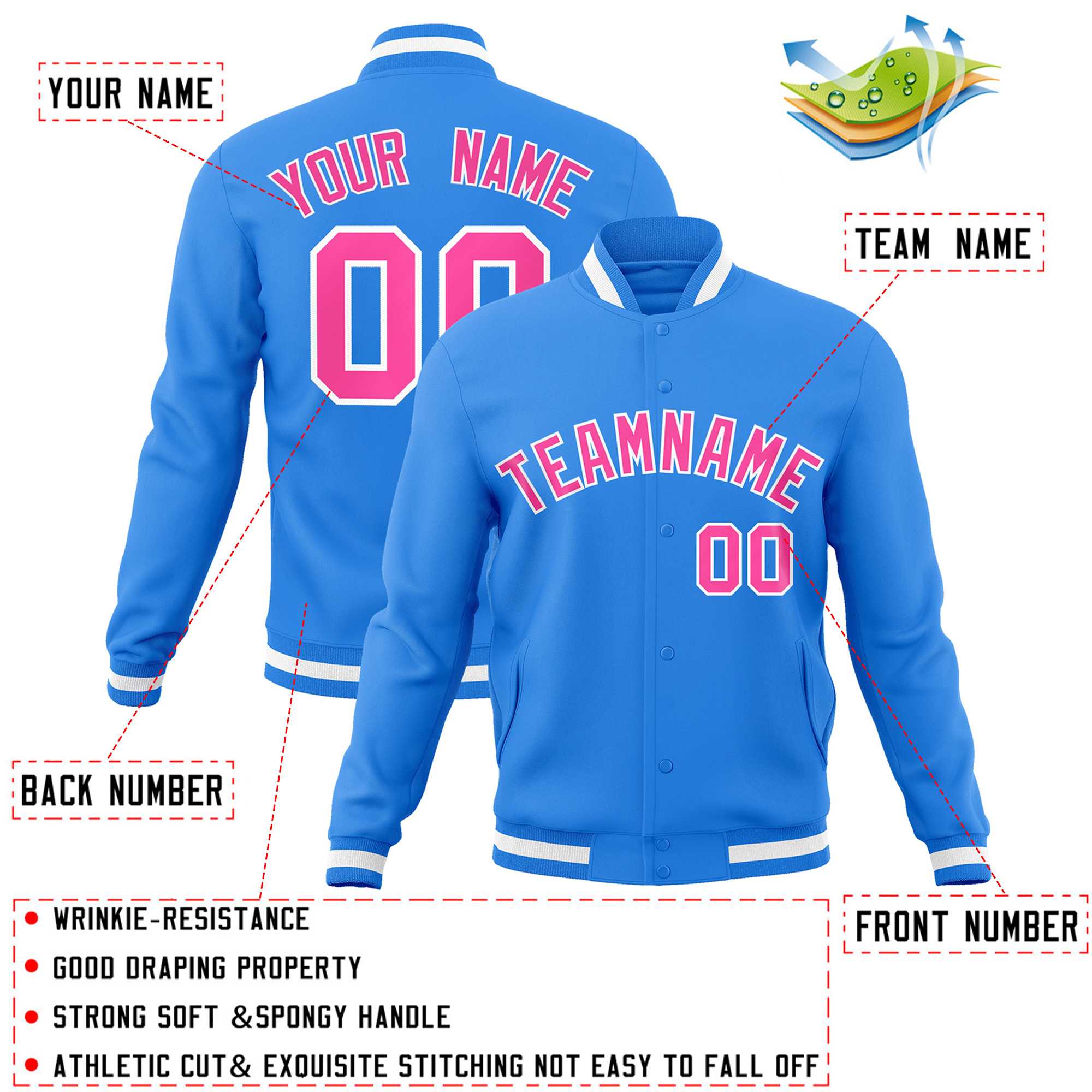 Custom Powder Blue Pink-White Classic Style Varsity Full-Snap Letterman Jacket