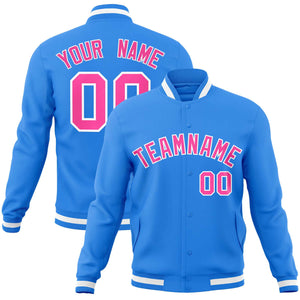 Custom Powder Blue Pink-White Classic Style Varsity Full-Snap Letterman Jacket