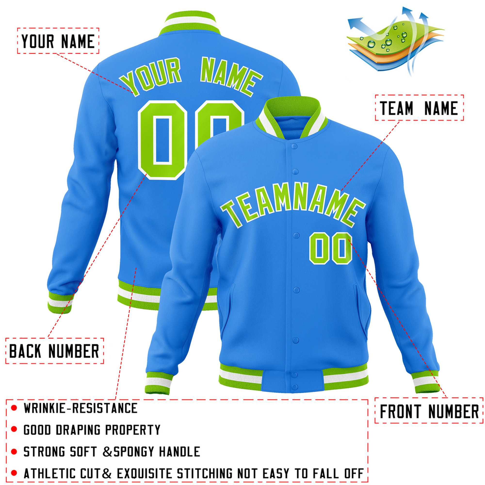 Custom Powder Blue Neon Green-White Classic Style Varsity Full-Snap Letterman Jacket