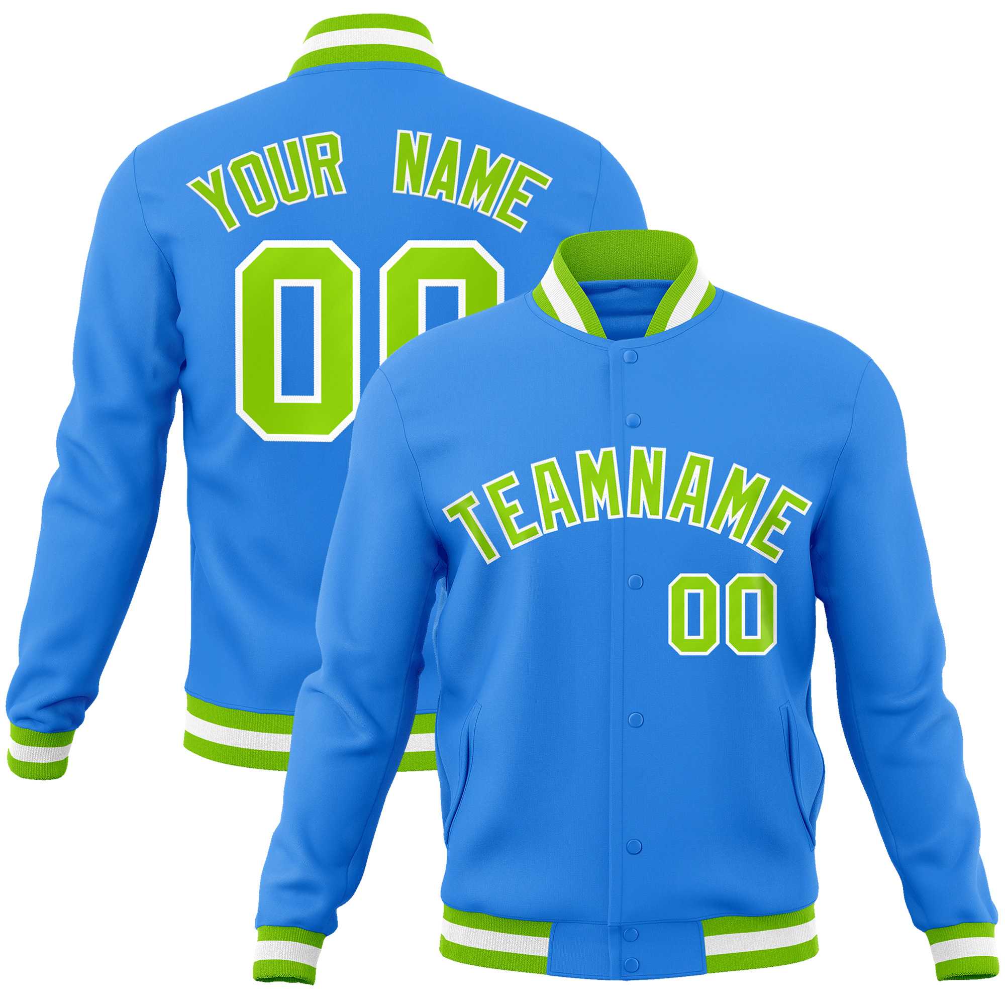 Custom Powder Blue Neon Green-White Classic Style Varsity Full-Snap Letterman Jacket