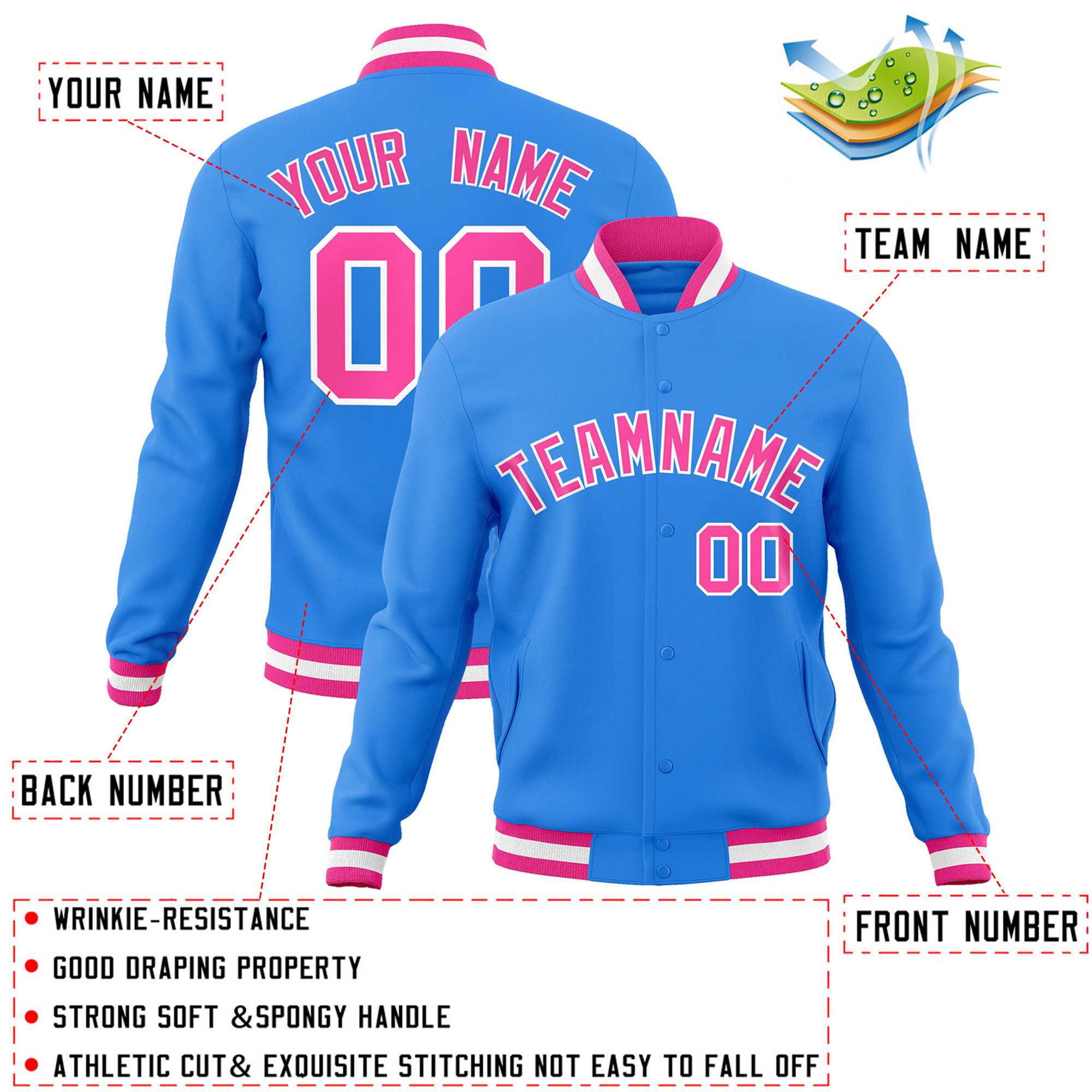 Custom Powder Blue Pink-White Classic Style Varsity Full-Snap Letterman Jacket