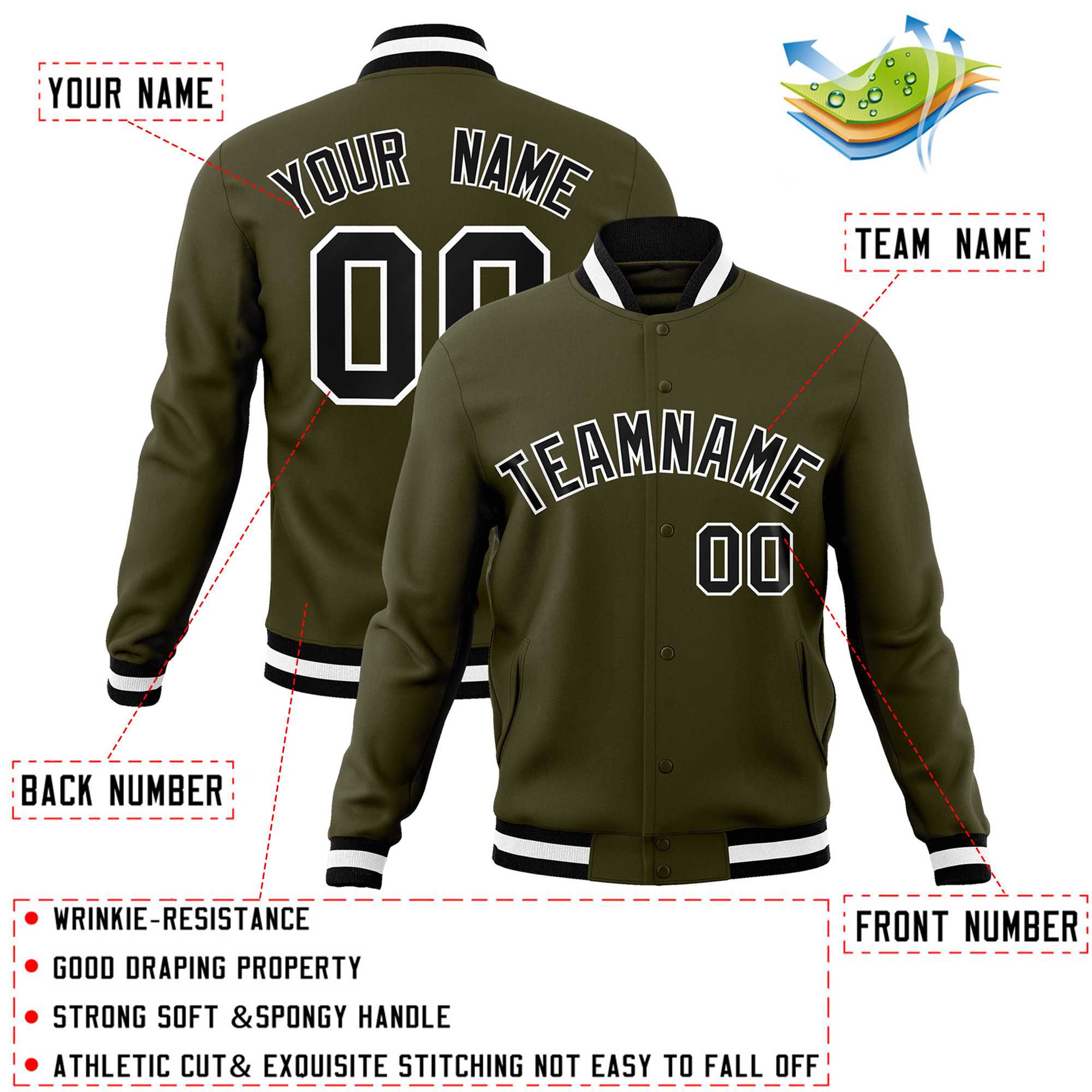 Custom Olive Black-White Classic Style Varsity Full-Snap Letterman Jacket