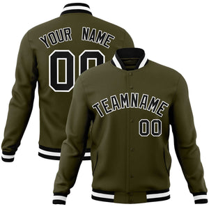 Custom Olive Black-White Classic Style Varsity Full-Snap Letterman Jacket