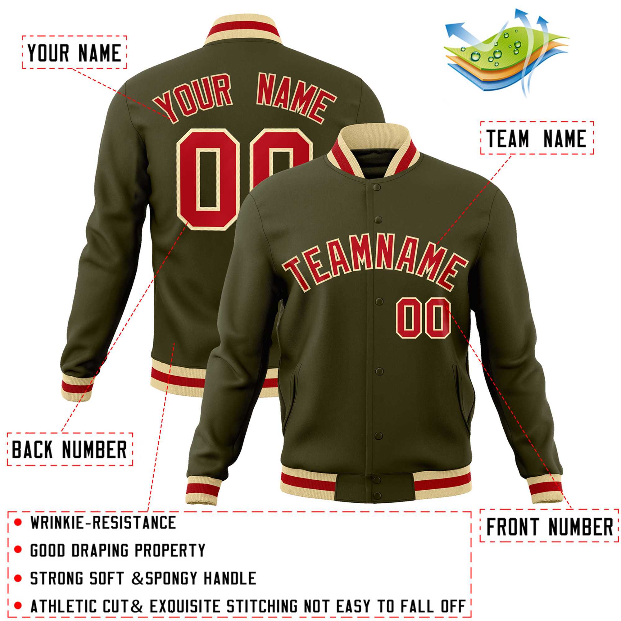 Custom Olive Red-Khaki Classic Style Varsity Full-Snap Letterman Jacket