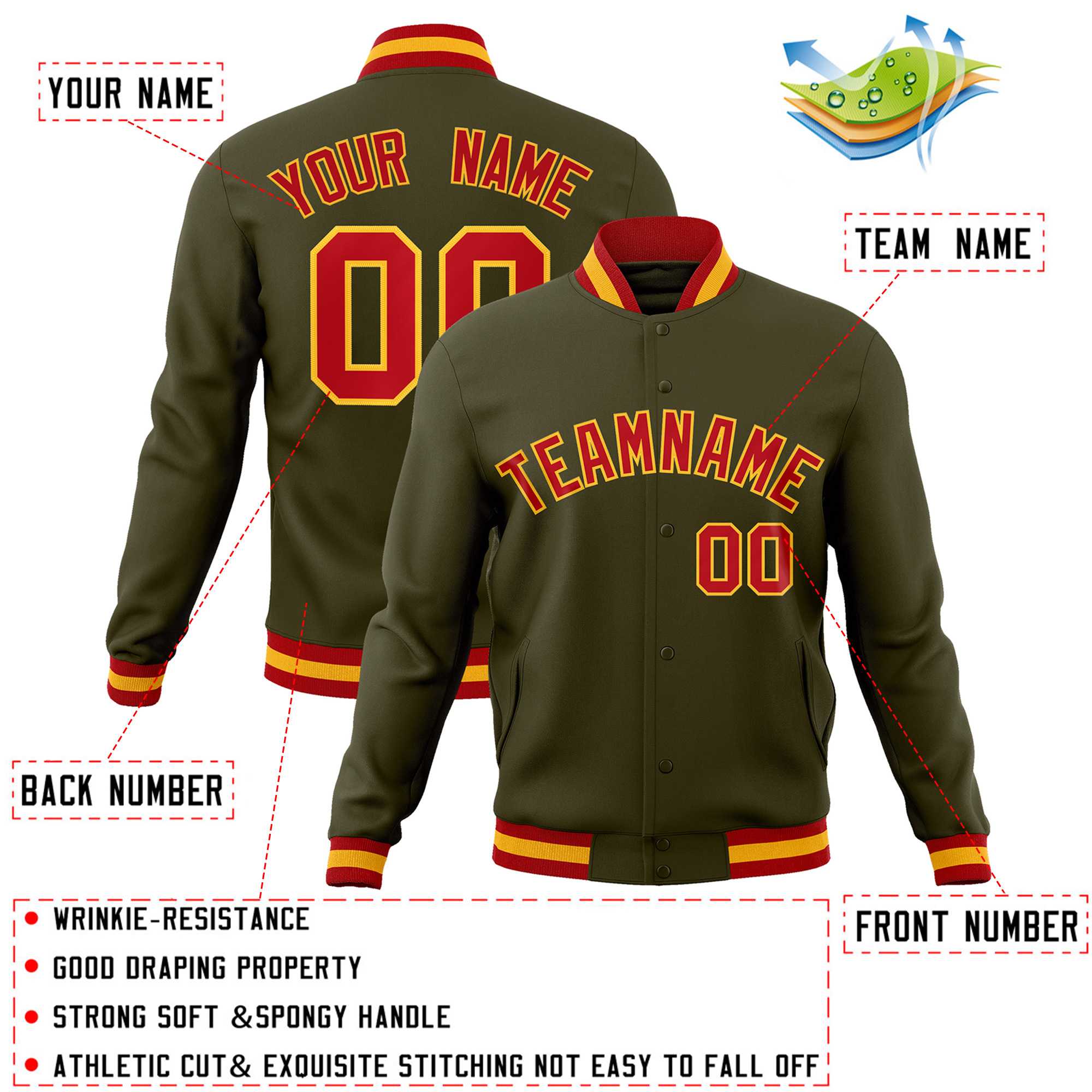 Custom Olive Red-Gold Classic Style Varsity Full-Snap Letterman Jacket