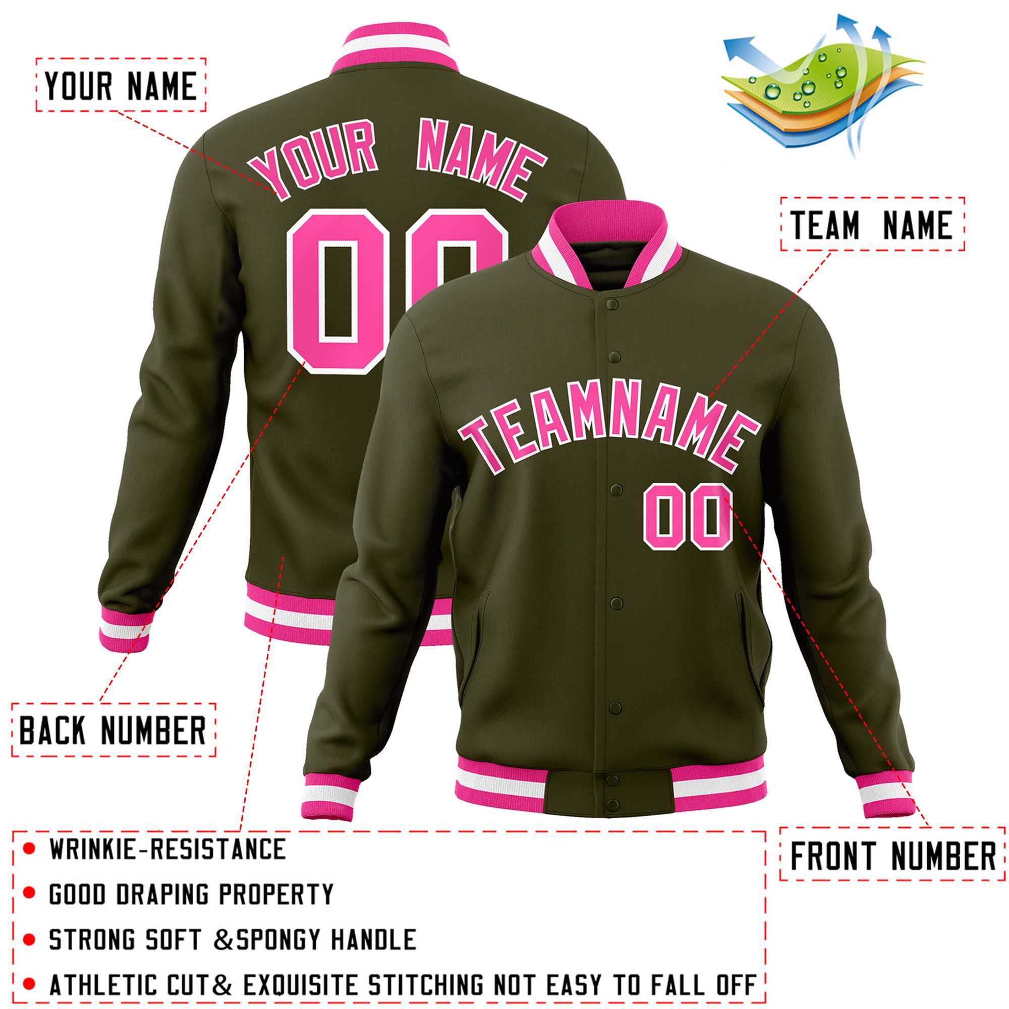 Custom Olive Pink-White Classic Style Varsity Full-Snap Letterman Jacket