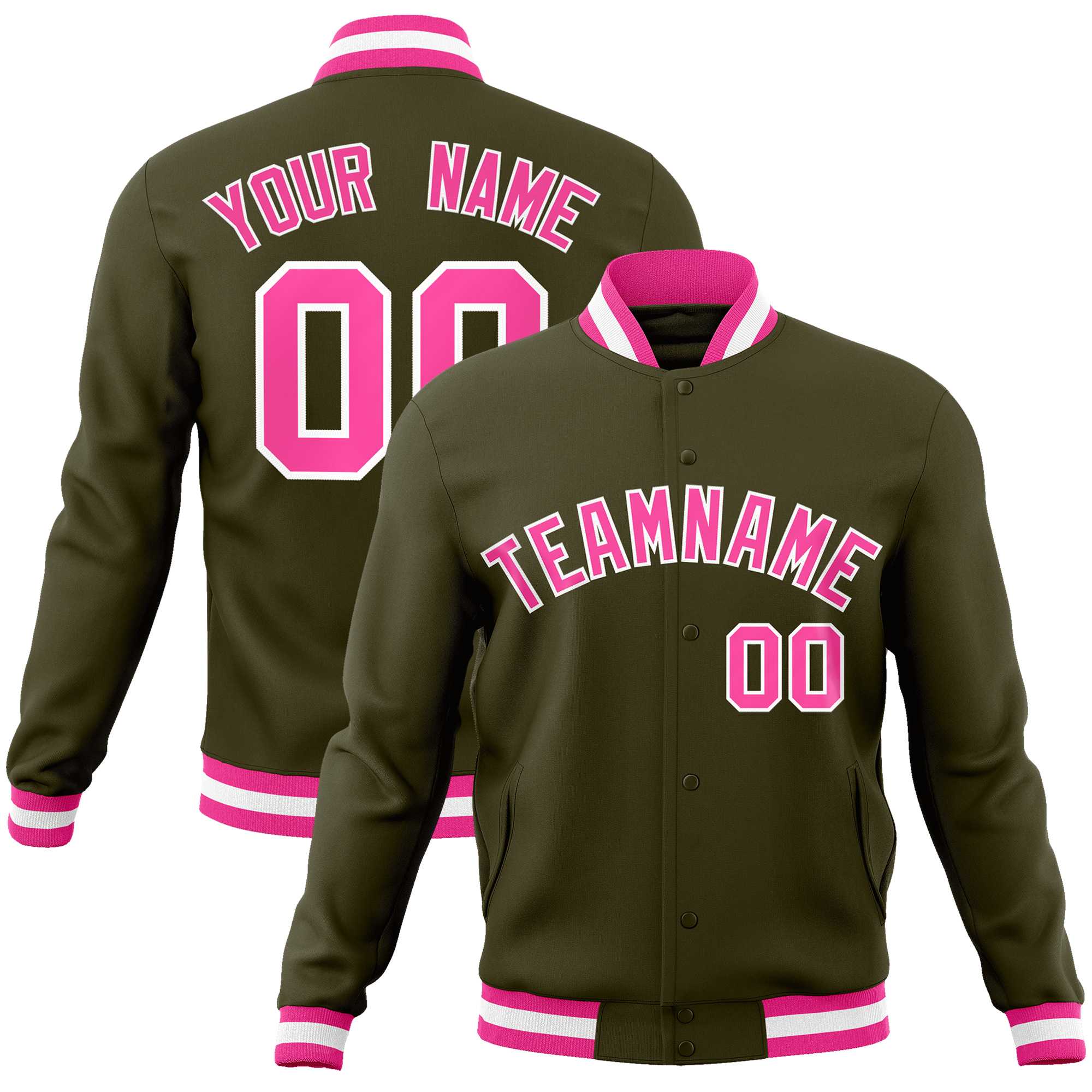 Custom Olive Pink-White Classic Style Varsity Full-Snap Letterman Jacket