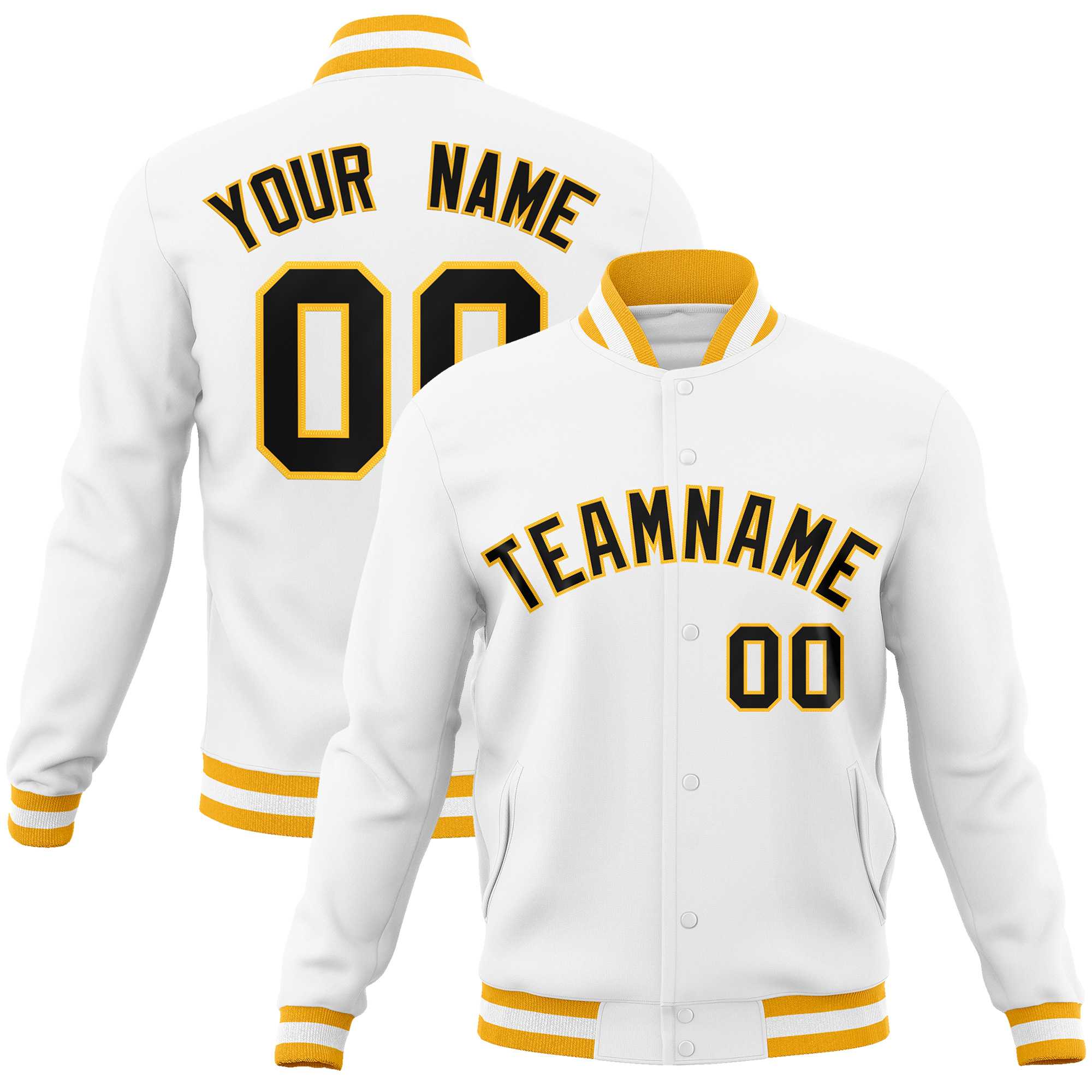 Custom White Black-Gold Classic Style Varsity Full-Snap Letterman Jacket