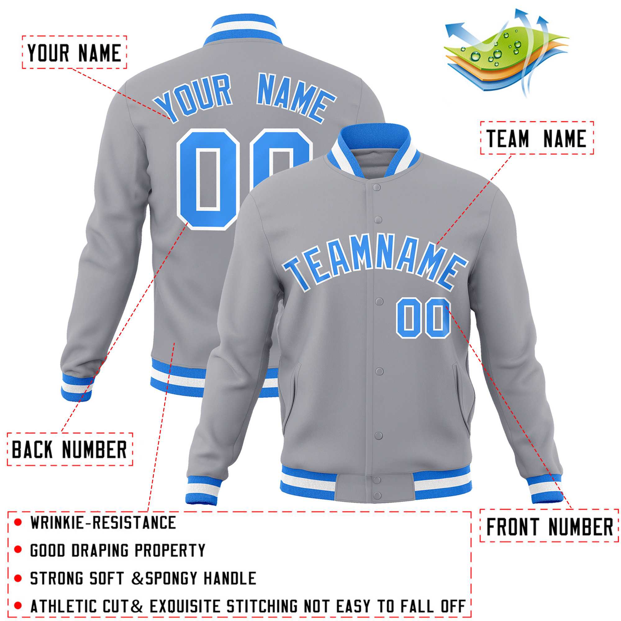 Custom Gray Powder Blue-White Classic Style Varsity Full-Snap Letterman Jacket