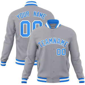 Custom Gray Powder Blue-White Classic Style Varsity Full-Snap Letterman Jacket