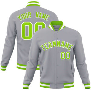 Custom Gray Neon Green-White Classic Style Varsity Full-Snap Letterman Jacket