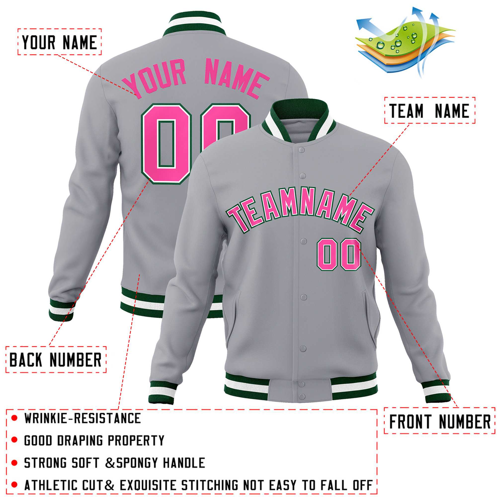 Custom Gray Pink-White Green Classic Style Varsity Full-Snap Letterman Jacket