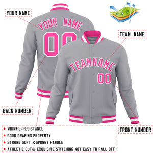 Custom Gray Pink-White Classic Style Varsity Full-Snap Letterman Jacket