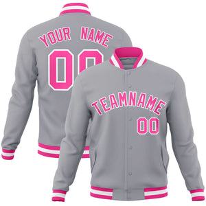 Custom Gray Pink-White Classic Style Varsity Full-Snap Letterman Jacket