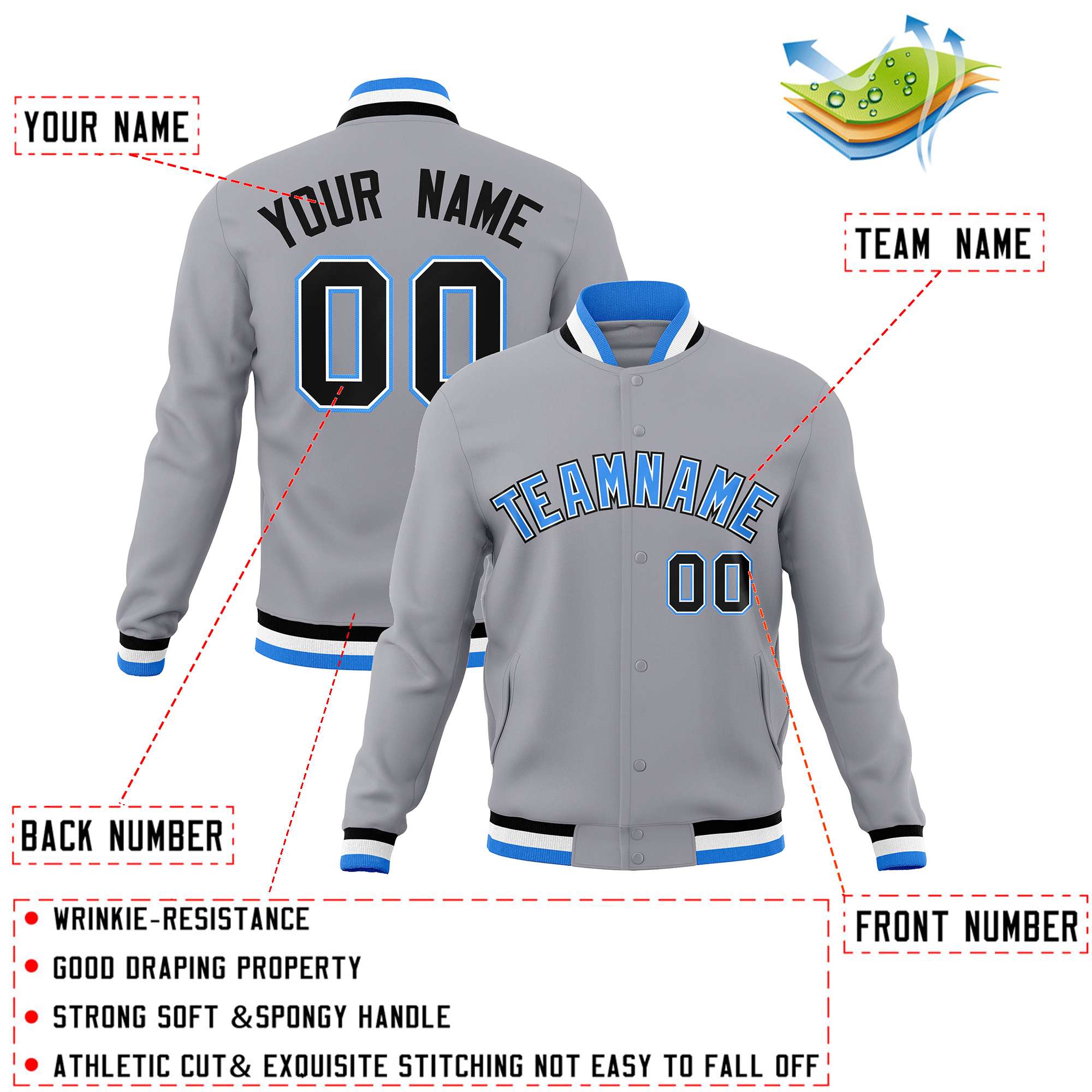 Custom Gray Powder Blue-Black Classic Style Varsity Full-Snap Letterman Jacket