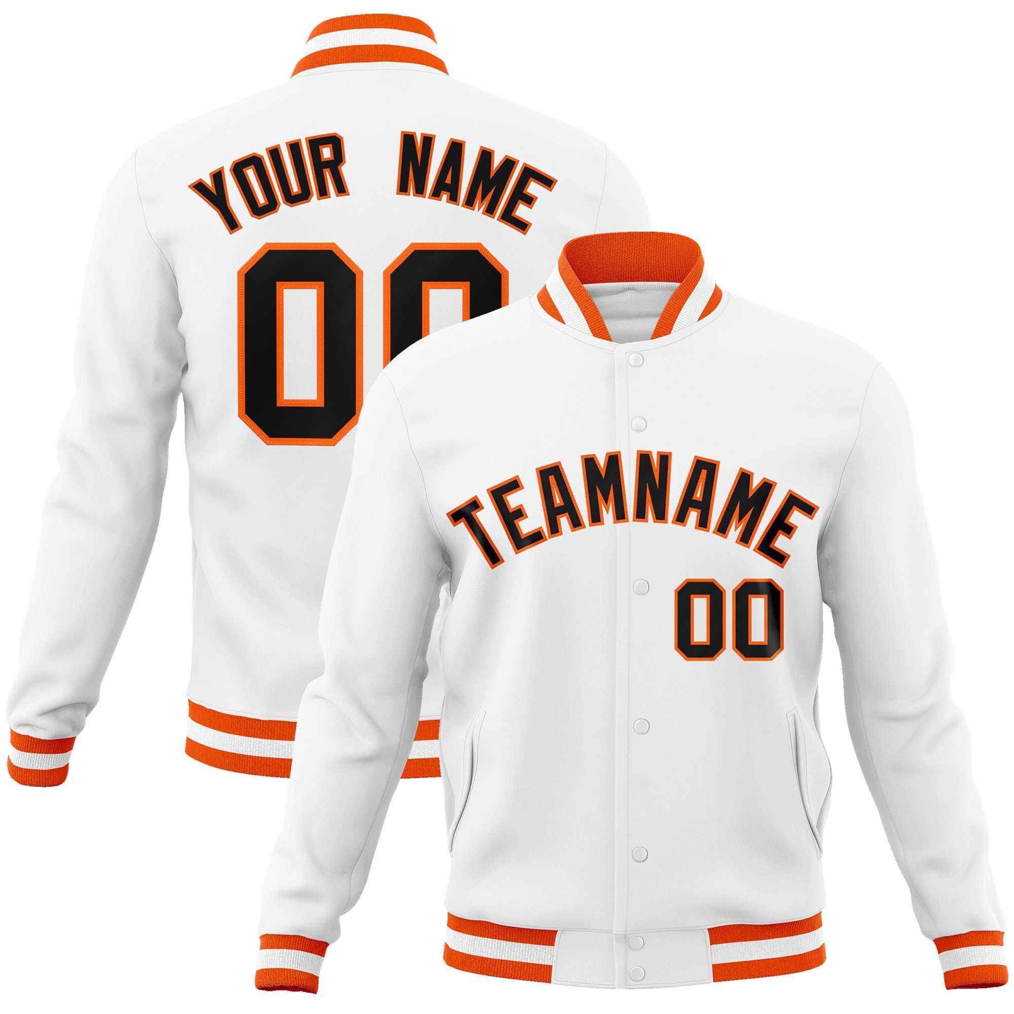 Custom White Black-Orange Classic Style Varsity Full-Snap Letterman Jacket