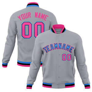 Custom Gray Powder Blue-Pink Classic Style Varsity Full-Snap Letterman Jacket