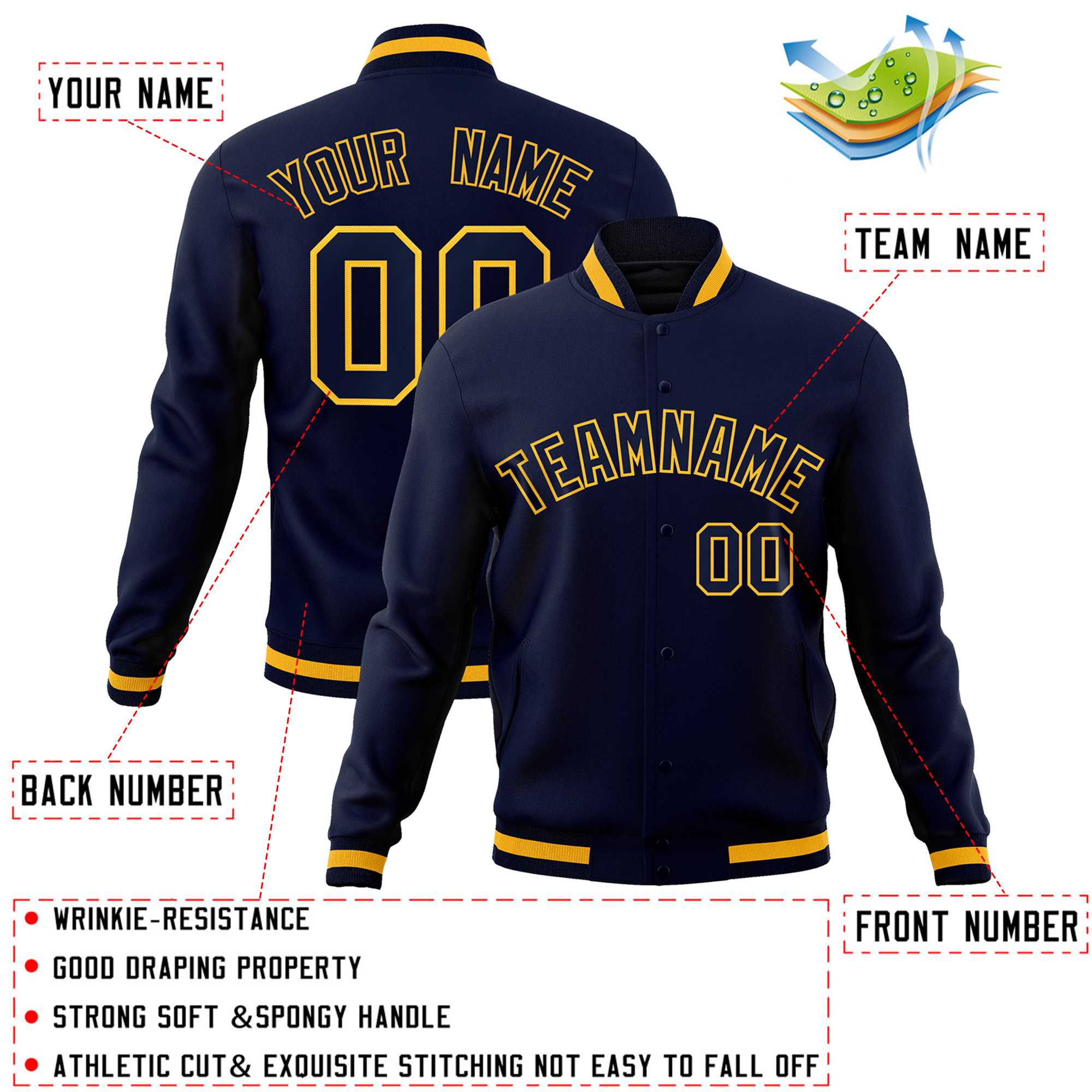 Custom Navy Navy-Gold Classic Style Varsity Full-Snap Letterman Jacket