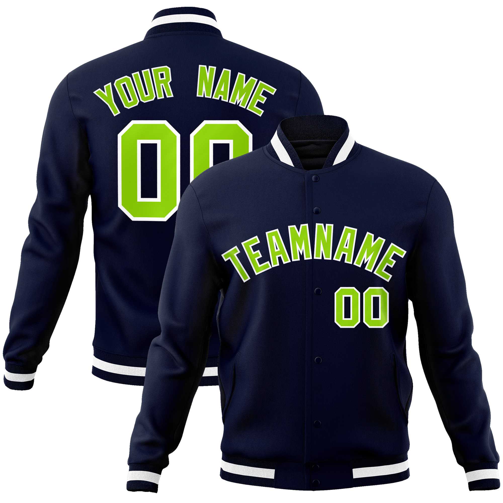 Custom Navy Neon Green-White Classic Style Varsity Full-Snap Letterman Jacket