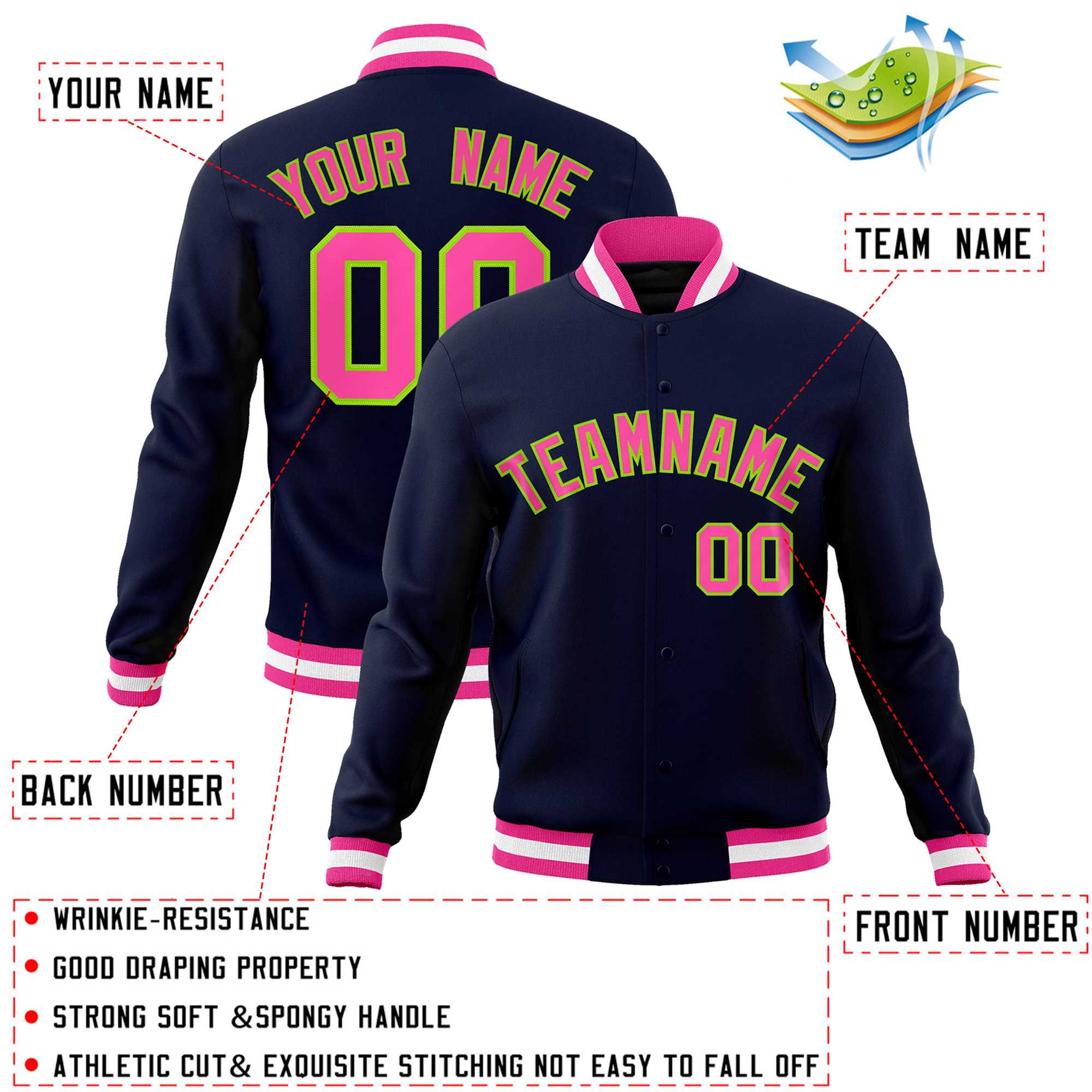 Custom Navy Pink-Neon Green Classic Style Varsity Full-Snap Letterman Jacket