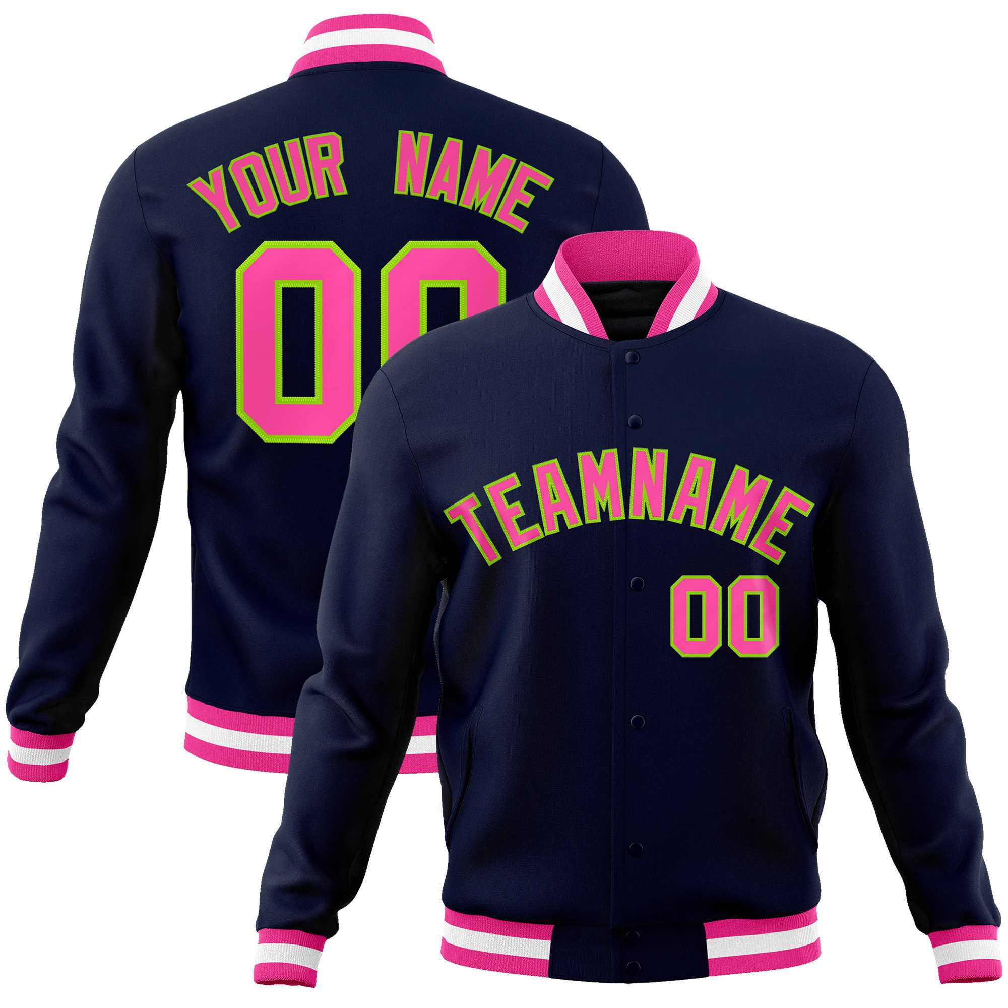 Custom Navy Pink-Neon Green Classic Style Varsity Full-Snap Letterman Jacket