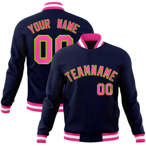 Custom Navy Pink-Neon Green Classic Style Varsity Full-Snap Letterman Jacket