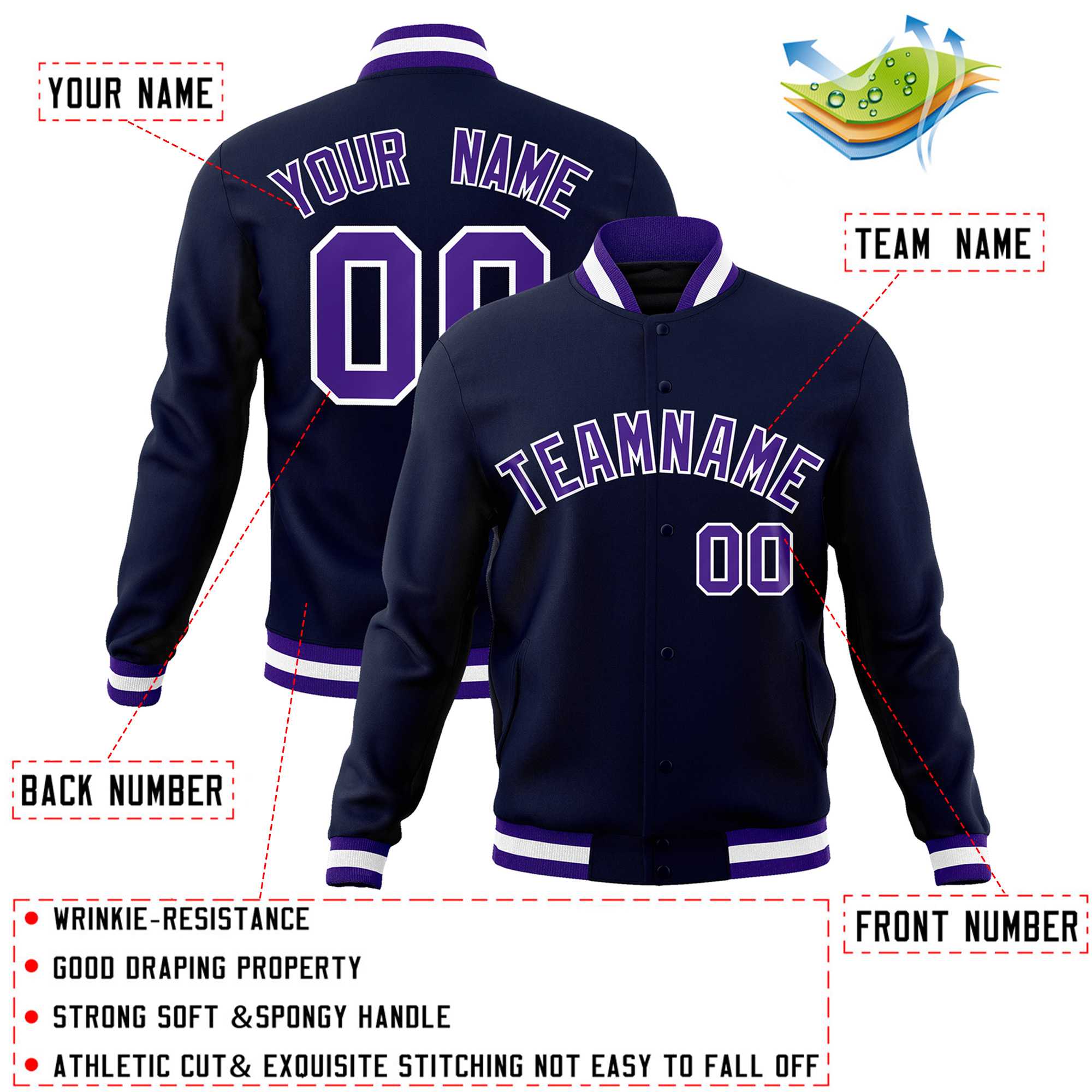 Custom Navy Purple-White Classic Style Varsity Full-Snap Letterman Jacket