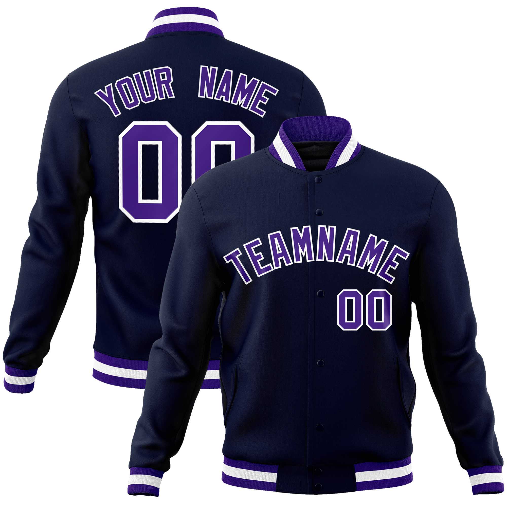 Custom Navy Purple-White Classic Style Varsity Full-Snap Letterman Jacket