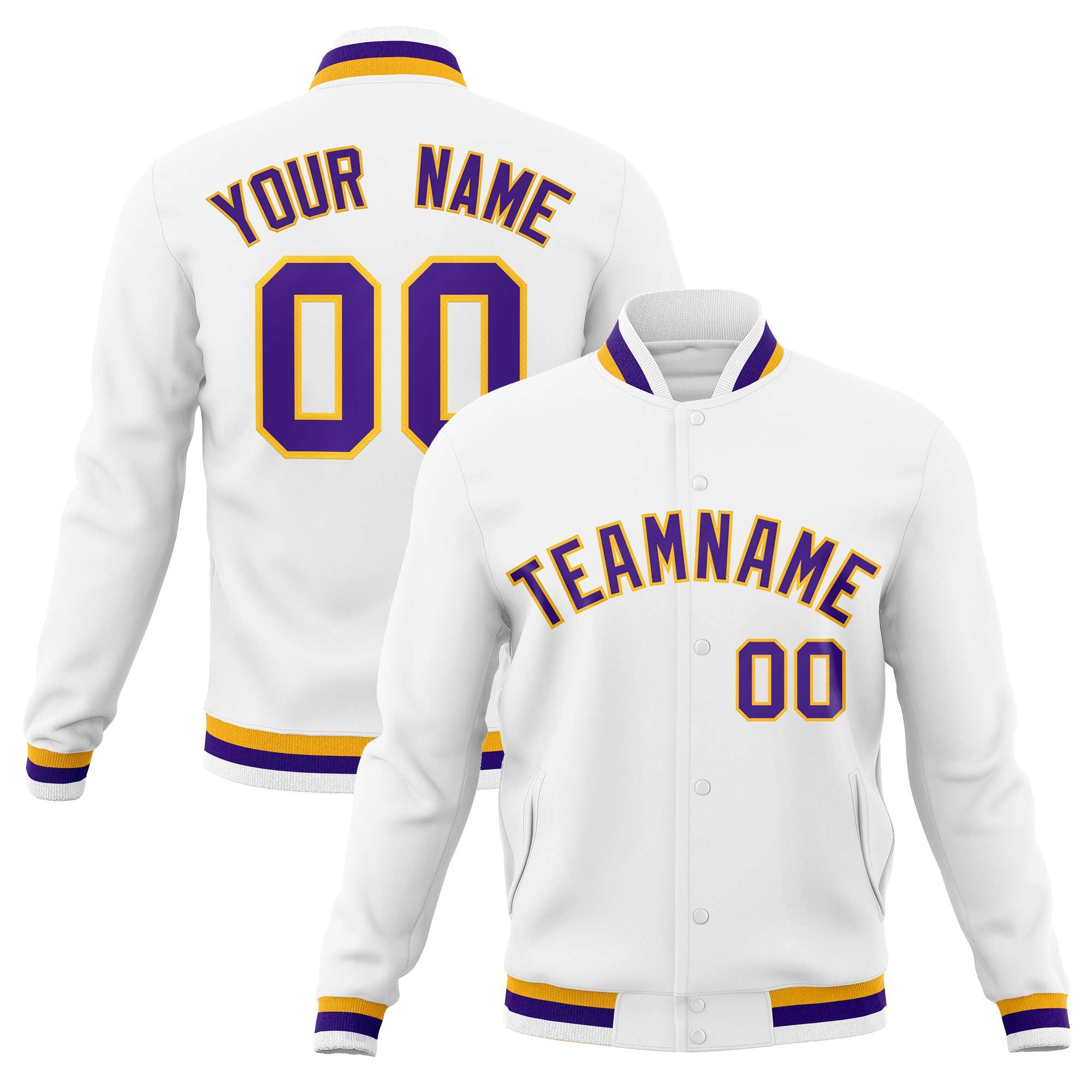 Custom White Purple-Gold Classic Style Varsity Full-Snap Letterman Jacket