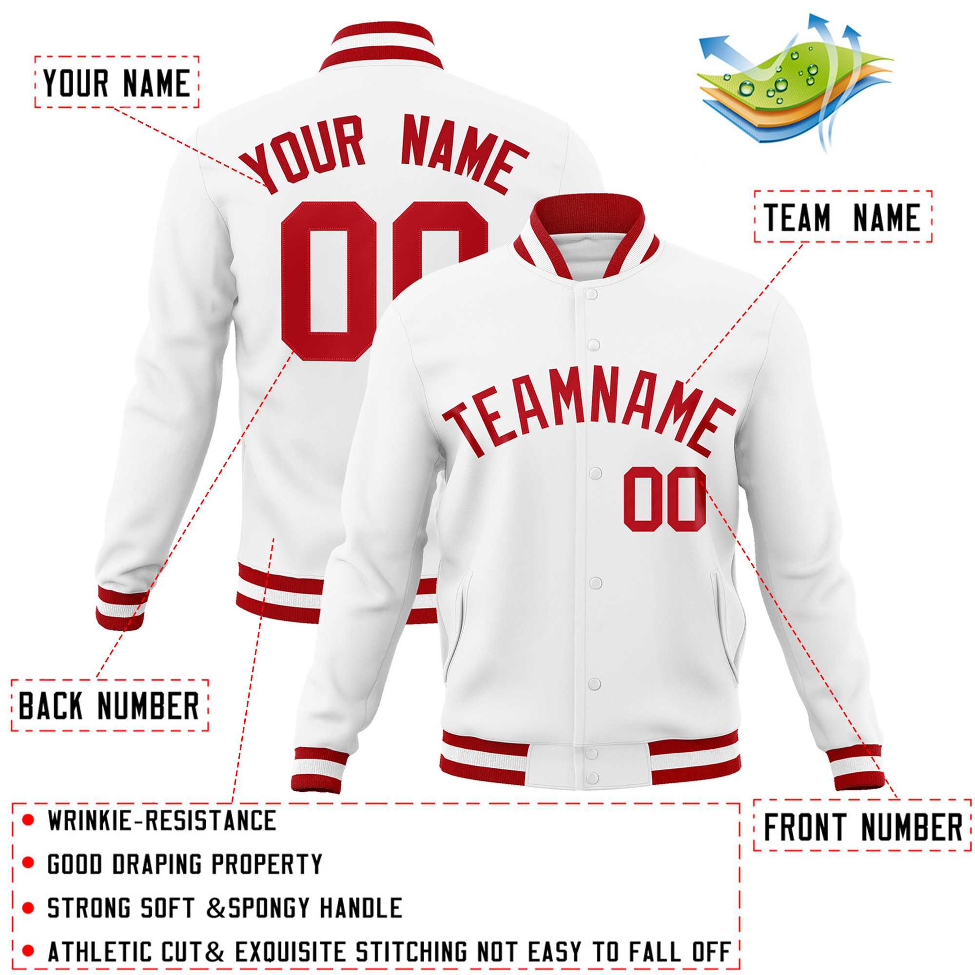 Custom White Red Classic Style Varsity Full-Snap Letterman Jacket