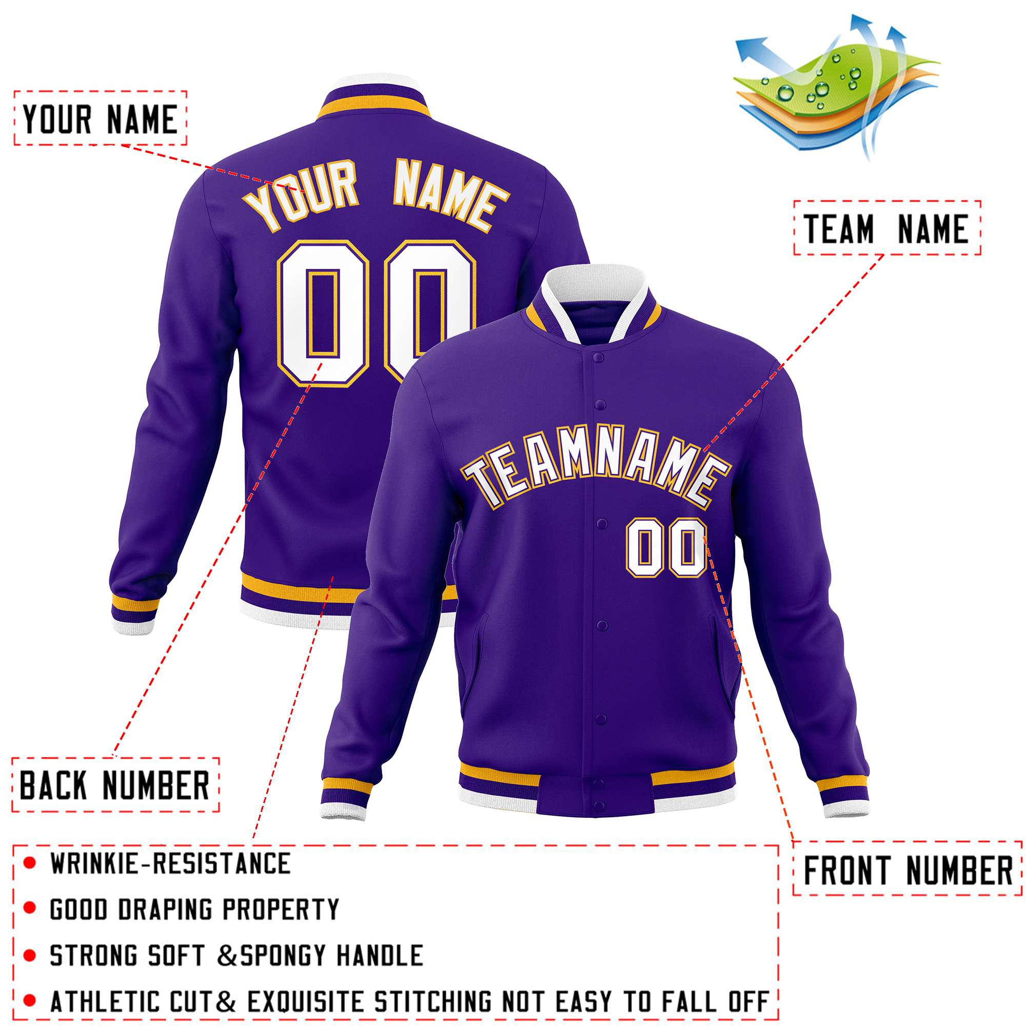 Custom Purple White-Gold Classic Style Varsity Full-Snap Letterman Jacket