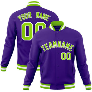 Custom Purple Neon Green-White Classic Style Varsity Full-Snap Letterman Jacket