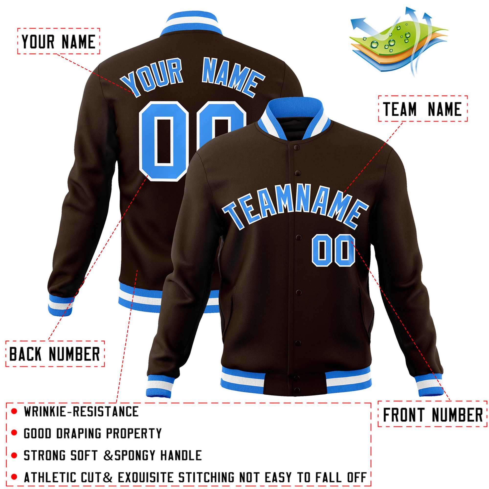 Custom Brown Powder Blue-White Classic Style Varsity Full-Snap Letterman Jacket