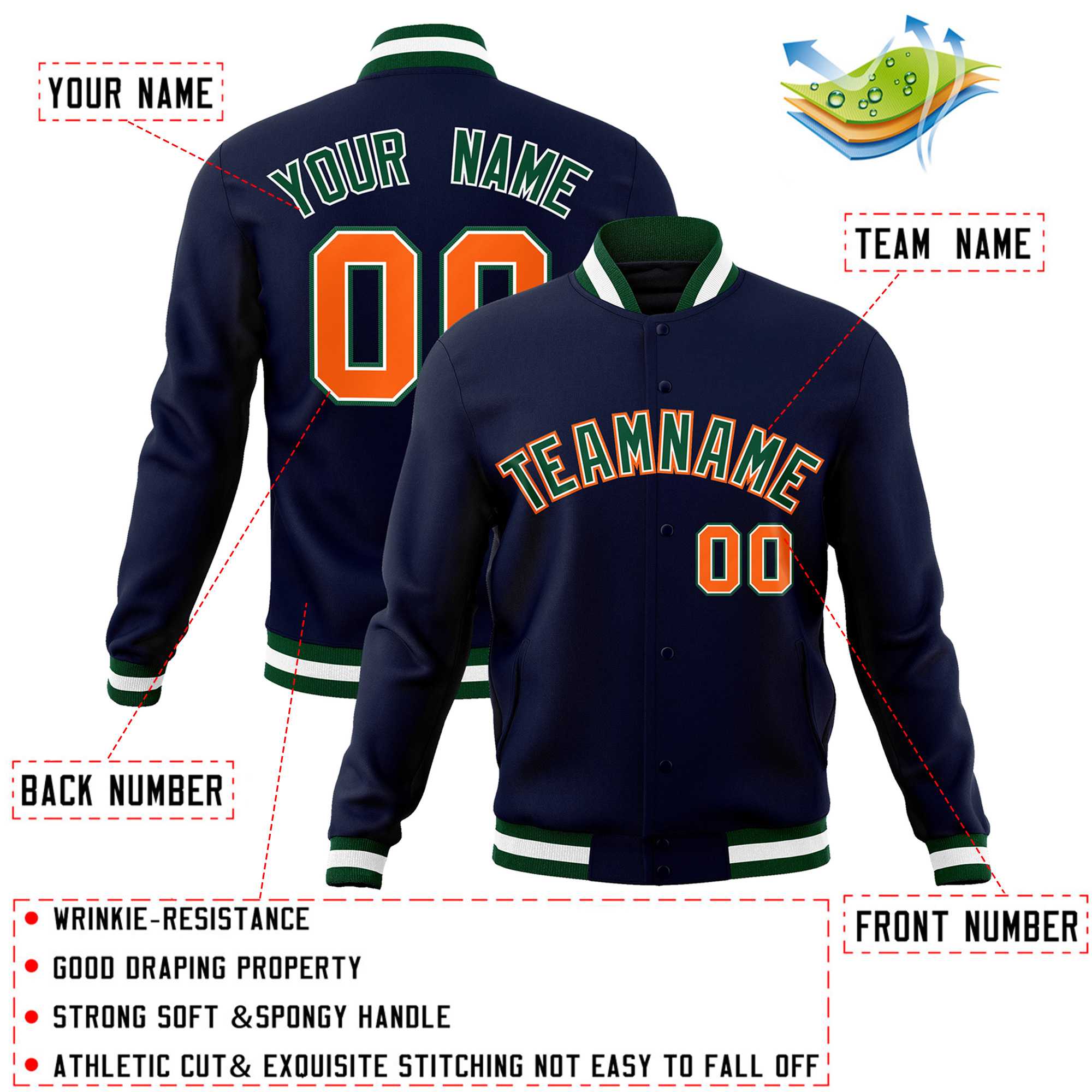 Custom Navy Green-Orange Classic Style Varsity Full-Snap Letterman Jacket