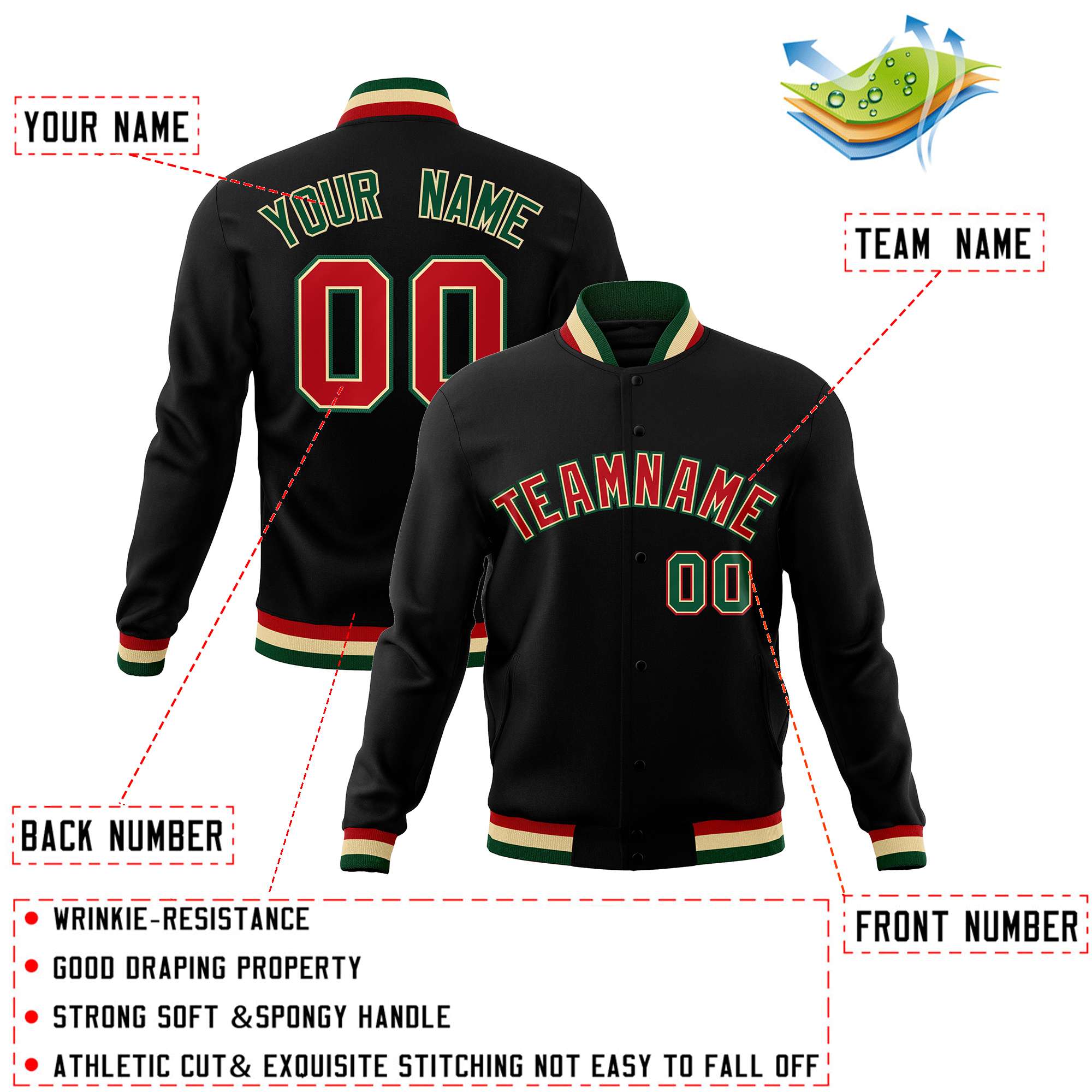 Custom Black Red-Green Classic Style Varsity Full-Snap Letterman Jacket