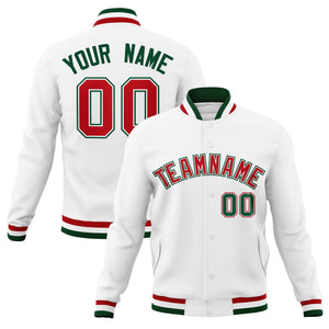 Custom White Red-Green Classic Style Varsity Full-Snap Letterman Jacket