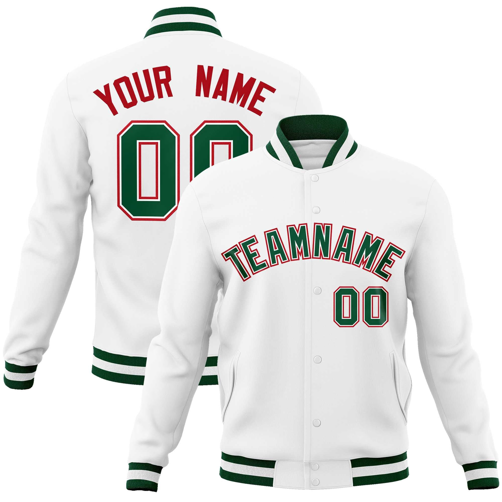 Custom White Green-Red Classic Style Varsity Full-Snap Letterman Jacket