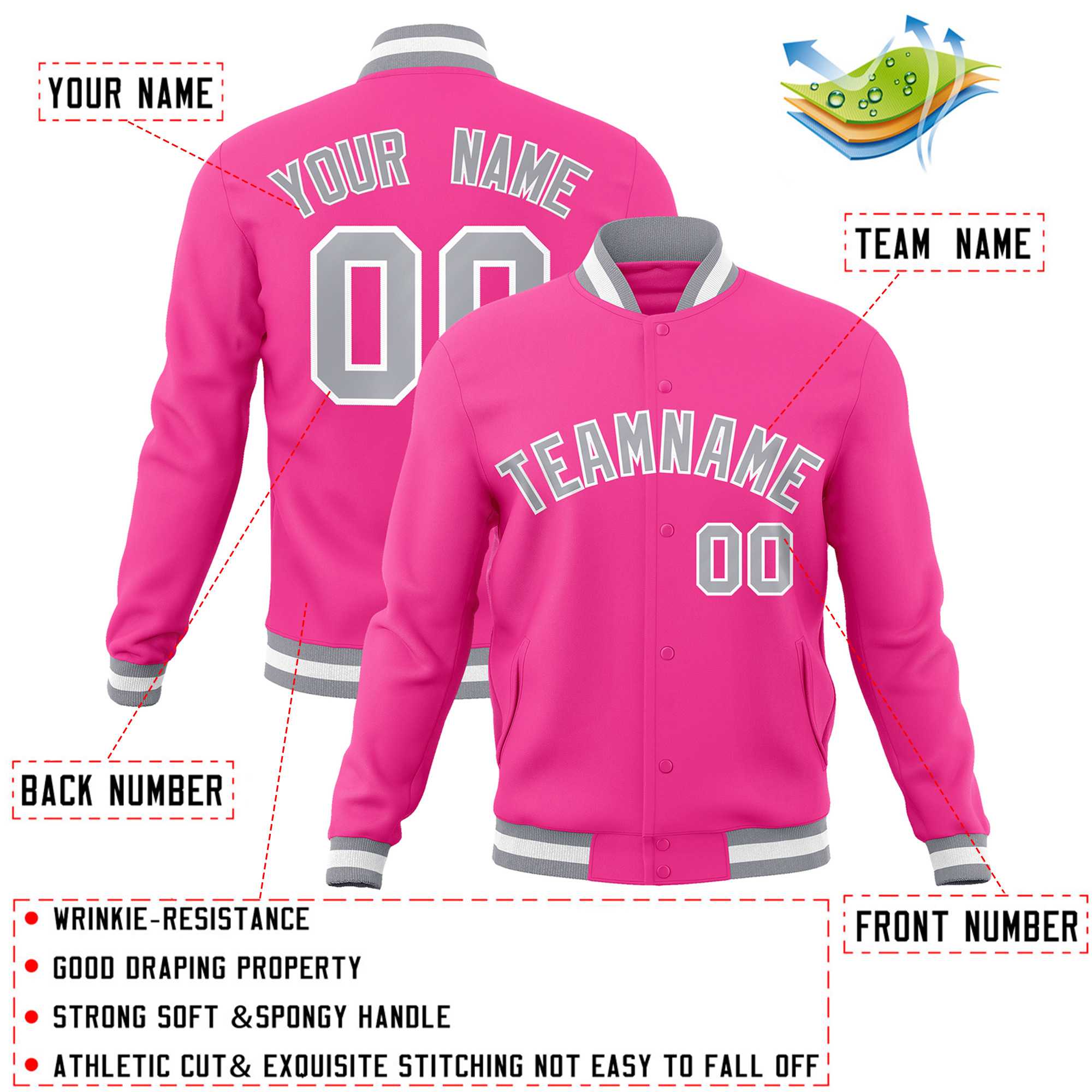 Custom Pink Gray-White Classic Style Varsity Full-Snap Letterman Jacket