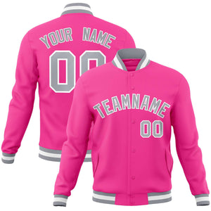 Custom Pink Gray-White Classic Style Varsity Full-Snap Letterman Jacket