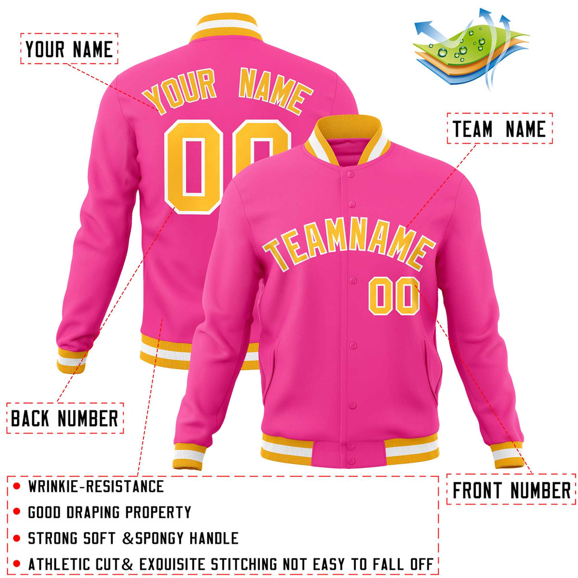 Custom Pink Yellow-White Classic Style Varsity Full-Snap Letterman Jacket