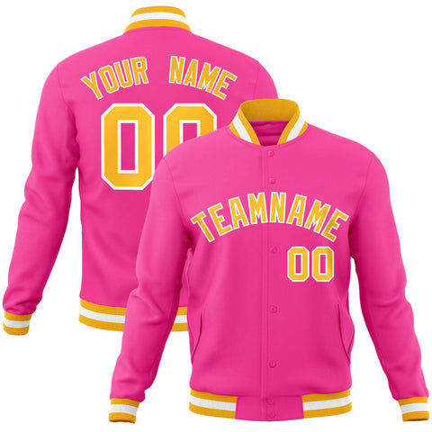 Custom Pink Yellow-White Classic Style Varsity Full-Snap Letterman Jacket