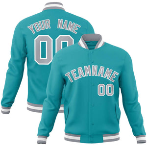 Custom Aqua Gray-White Classic Style Varsity Full-Snap Letterman Jacket