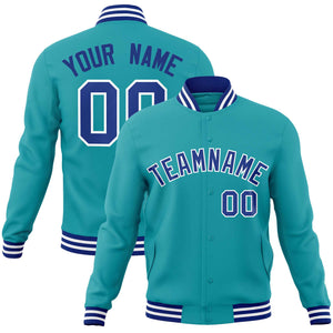 Custom Aqua Royal-White Classic Style Varsity Full-Snap Letterman Jacket